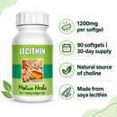 Lecithin 1200mg softgels key features: 90 softgels 30-day supply, natural source of choline, made from soya lecithin