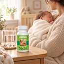 Medico Herbs lecithin capsules for breastfeeding moms, bottle beside mother holding newborn